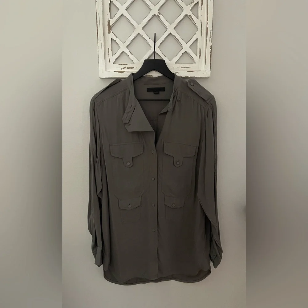 Alexander Wang 100% Silk Button Up Shirt / Tunic In Army /Olive Green Size 10 - Picture 1 of 16